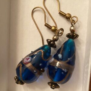 Elegant Blue and Gold Murano Glass Teardrop Earrings